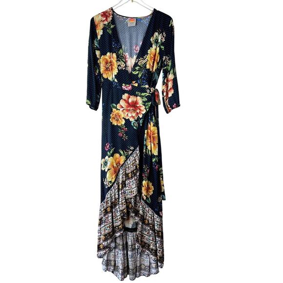 FARM RIO Majorca Wrap Dress Tropical Floral Polka Dot Print Maxi Ruffle SMALL - Picture 2 of 9